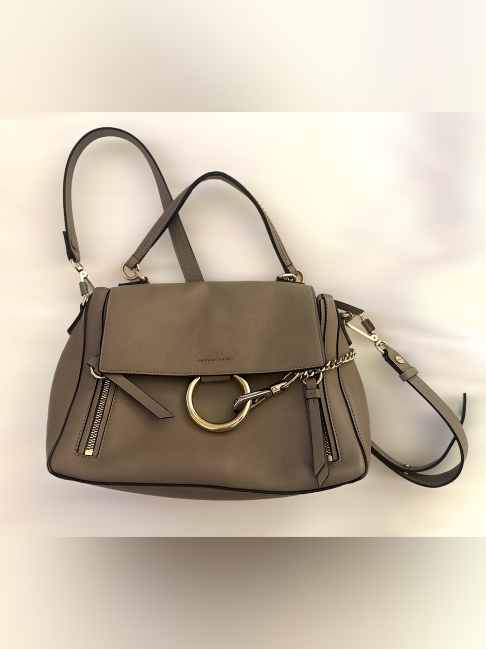 Chloe Taupe Leather Satchel with Ring Accents and Hardware